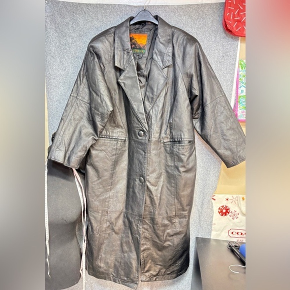 OUTBROOK  vintage black long genuine leather 2 button closer lined jacket  1X